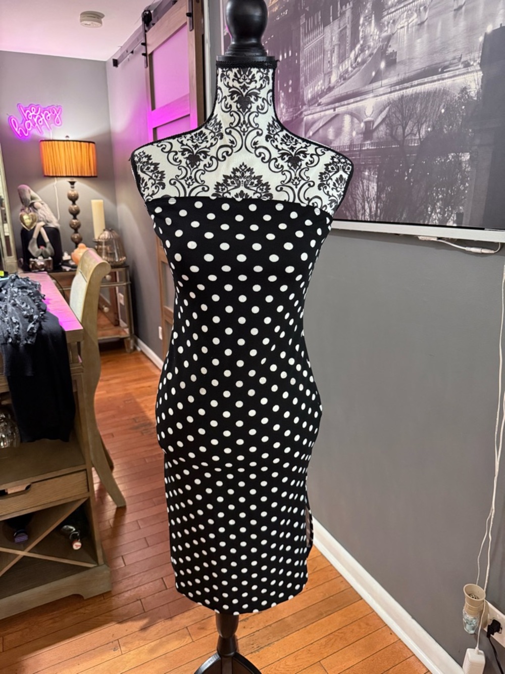 SHEIN Black and White Polka Dot Strapless Bodycon Dress